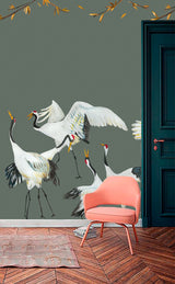 Wallpaper cranes green Japanese Crane Dance