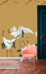 Wallpaper cranes ocher yellow Japanse Crane Dance