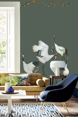 Wallpaper cranes green Japanese Crane Dance