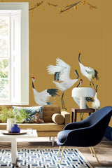 Wallpaper cranes ocher yellow Japanse Crane Dance - THE WILD SHOWCASE