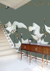 Wallpaper cranes green Japanese Crane Dance