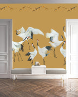 Wallpaper cranes ocher yellow Japanse Crane Dance