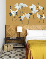 Wallpaper cranes ocher yellow Japanse Crane Dance - THE WILD SHOWCASE